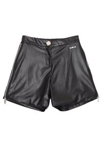 Pantaloni corti neri in pelle ecologica con una texture liscia, una vita elasticizzata e tasche laterali con zip. Presenta un logo discreto sul davanti.