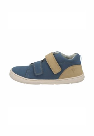 Blue and beige casual sneaker with two adjustable Velcro straps, soft cushioned collar, and white rubber sole, side view on a white background.