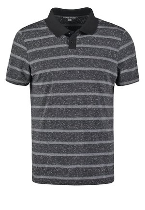 Polo nero e grigio screziato con strisce orizzontali grigio chiaro e colletto nero solido, taglia media.
