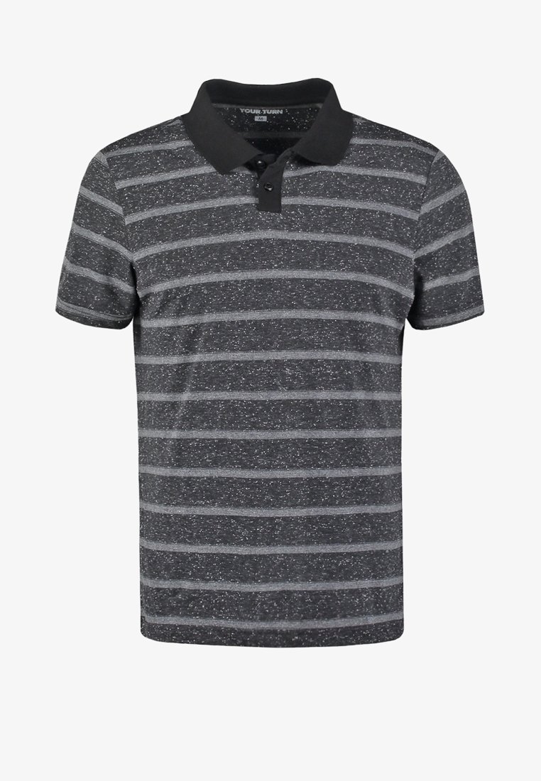 Polo noir et gris moucheté avec des rayures horizontales gris clair et un col noir uni, taille moyenne.