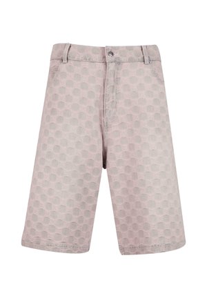 Heledad roosa lühikesed püksid tekstuuriga, lööbitud ringikujulise mustriga, millel on nupukinnitus ja vööloopid. Valmistatud denimpurest.