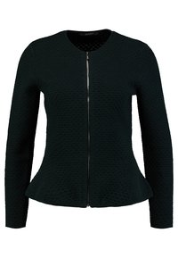 Ciemnozielona dziergana kurtka z okrągłym dekoltem, długimi rękawami, teksturowaną powierzchnią, falbaną u dołu i centralnym zapięciem na zamek.