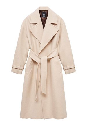 Beige trench coat lavet af blødt stof, med bred krave, bælte i taljen og to sidelommer med justerbare manchetter.