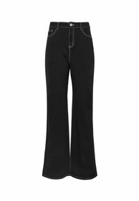 Jeans negros de campana con cintura alta, costuras blancas en contraste y un solo bolsillo delantero. Hechos de tela de mezclilla.