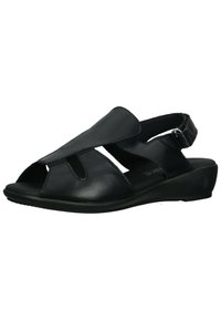 Schwarze Leder-Sandalen mit offener Zehenpartie, ausgeschnittenem Design, verstellbarem Knöchelriemen und niedrigem Keilabsatz. Glatte Textur und minimalistischer Stil.