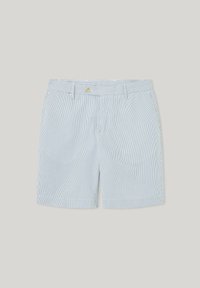 Shorts pour homme à fines rayures bleu clair et blanc, avec bouton et passants pour ceinture, devant plat et poches latérales.