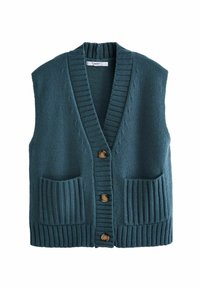 Knitted sleeveless vest in a deep teal color, featuring a V-neck, ribbed hem, two front pockets, and wooden buttons.