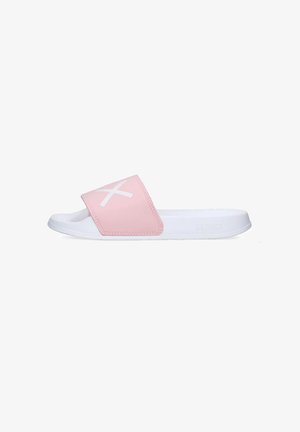 Infradito rosa con una fascia larga caratterizzata da un design X bianco, suola bianca, forma piatta e texture in materiale sintetico liscio.