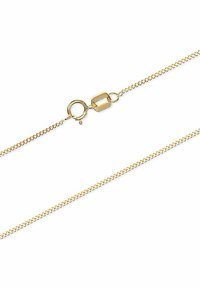 Guld kædnehalskæde med et fint, indbyrdes design. Har en rund fjederlås og et rektangulært led for sikker lukning.