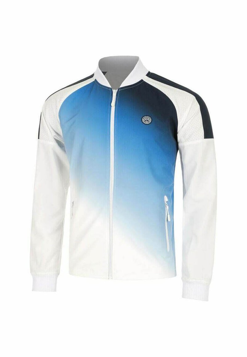 Chaqueta con cierre en color azul y blanco, con un diseño degradado, que presenta un acento en navy en el hombro, dos bolsillos laterales y puños acanalados.