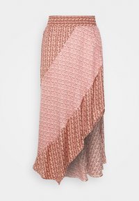 Mit Blumenmuster versehener Midirock in Rosa- und Rottönen, mit asymmetrischem Saum und elastischem Bund für Komfort. Leichtes Material.