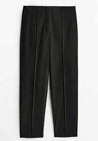 Pantalon noir sur mesure avec plis, jambes droites et fermeture devant dissimulée, présenté sur fond blanc.