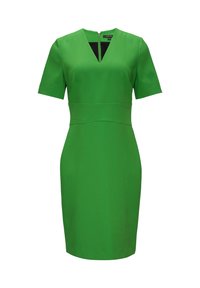 Zielona sukienka z krótkim rękawem, dekoltem w kształcie litery V oraz dopasowanym krojem. Wykonana z gładkiego materiału z przeszyciami poniżej biustu.
