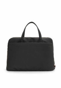 Sort tote-bag med to håndtag, glat tekstur, lynlås-lukning og et minimalistisk design. Bagsiden har en ren, flad overflade.