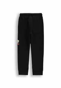 Czarne dresy wykonane z miękkiego materiału, z prążkowanymi mankietami i boczną kieszenią z kolorowym nadrukiem. Pokazano widok z tyłu.