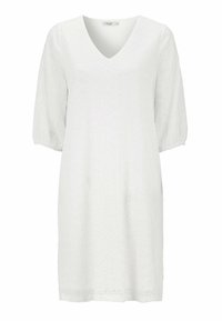 Vit knälång klänning med V-ringning och puffärmar. Tillverkad av textil med små hål som ger andningsförmåga och visuell intress. 