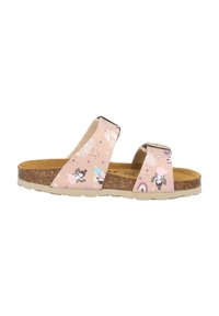 Rosa sandaler med två justerbara remmar, korkfotsäng och mönstrad design med lekfulla grafiska element och detaljer. Texturerad sula för bättre grepp.