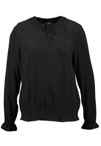 Svart långärmad blus med samlad halsringning, justerbar dragsko och elastisk fåll. Tillverkad av mjukt tyg och har volangärmar.