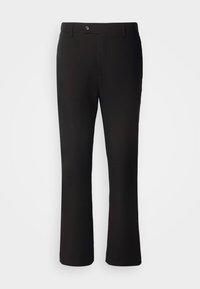 Pantalon noir droit avec passants pour ceinture, bouton et fermeture éclair à l'avant, présenté sur fond blanc.
