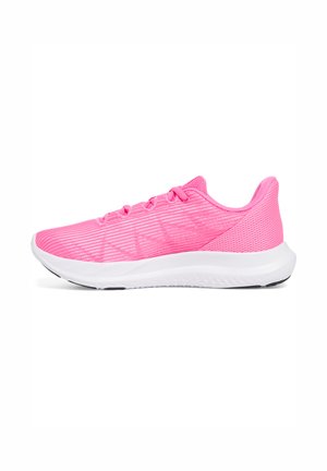 Pink athletic shoe with a textured mesh upper, matching laces, and a white cushioning sole. Features a sleek silhouette and ribbed accents.
