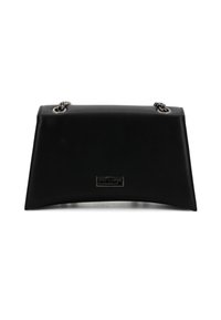 Borsa a spalla in pelle nera con un design geometrico e strutturato. Presenta dettagli in metallo argentato e una base piatta per la stabilità. Texture liscia con accenti minimi.