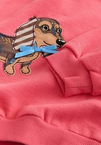 Korálovo ružová mikina s vyšitým hnedým jazvečíkom a modrou mašľou, s rebrovanými manžetami. Mäkka textura a ležérny dizajn.