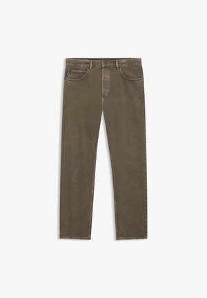 Pantaloni di cotone color kaki scuro con superficie leggermente testurizzata, cinque tasche e design a gamba dritta, con una fascia interna della vita a contrasto.