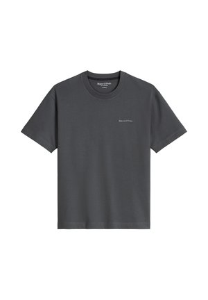 Dunkelgraues T-Shirt mit kurzen Ärmeln und Rundhalsausschnitt, mit kleinem "Marc O'Polo"-Logo auf der linken Brust.