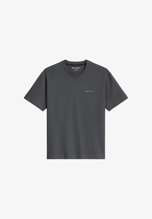Dunkelgraues T-Shirt mit kurzen Ärmeln und Rundhalsausschnitt, mit kleinem "Marc O'Polo"-Logo auf der linken Brust.