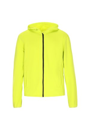 Neon-gelbe Kapuzenjacke mit Reißverschluss, ausgestattet mit zwei Seitentaschen, schwarzem Reißverschluss und glattem, dehnbarem Stoff.