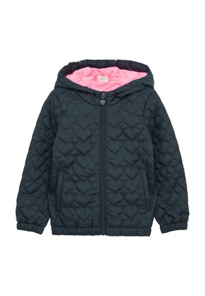  Czarna pikowana kurtka z kapturem z przeszyciami w kształcie serc, różową podszewką, zamkiem z przodu, elastycznymi mankietami i bocznymi kieszeniami.