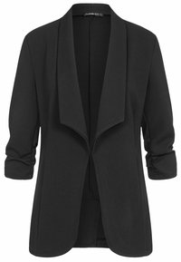 Svart langermet blazer med teksturert stoff, åpen front og drapert krage. Har oppbrettede ermer og en avslappet passform.