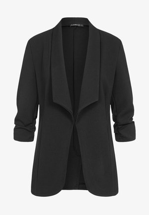 Schwarzer Blazer mit langen Ärmeln aus strukturiertem Stoff, offenem Frontbereich und drapierter Kragen. Verfügt über hochgerollte Ärmel und einen lässigen Schnitt.