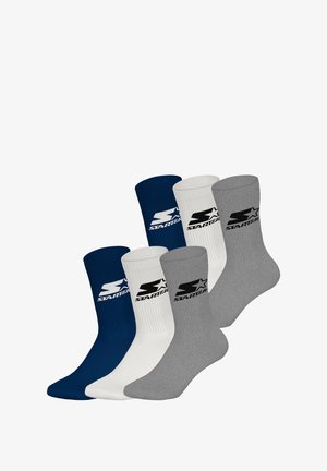 Set of three pairs of socks: navy blue, white, and gray. Each sock features a ribbed texture and a black "Starter" logo on the ankle.