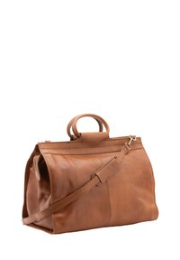 Borsone in pelle marrone con un ampio scomparto principale, manici superiori e una tracolla rimovibile. Finitura liscia, design minimalista.