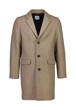 Manteau beige en mélange de laine avec un design à boutonnage simple, revers crantés, trois boutons noirs et deux poches avant. Texture lisse, coupe ajustée.
