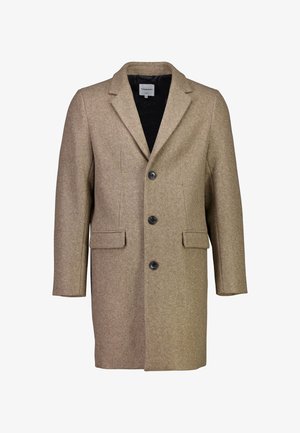 Beige Wollmischungsmantel mit einem einreihigen Design, mit Reverskragen, drei schwarzen Knöpfen und zwei Fronttaschen. Glatte Textur, taillierter Schnitt.