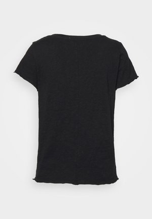 T-shirt noir à manches courtes avec un col rond, présentant un ourlet légèrement usé et un tissu doux et texturé. Vue de dos affichée.