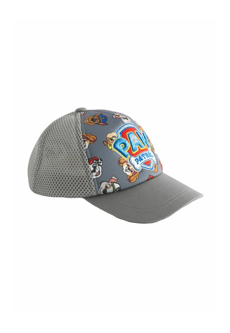 Graue Kappe mit einer Mischung aus Cartoon-Hund Figuren, Netzeinsätzen für Belüftung und einem gestickten "PAW Patrol"-Logo auf der Vorderseite.