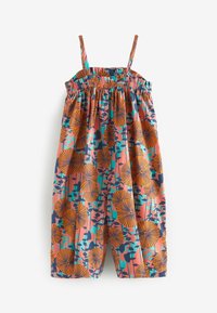 Combinaison multicolore avec un motif floral en orange, bleu et vert sur un fond rose. Encolure élastiquée et bretelles.