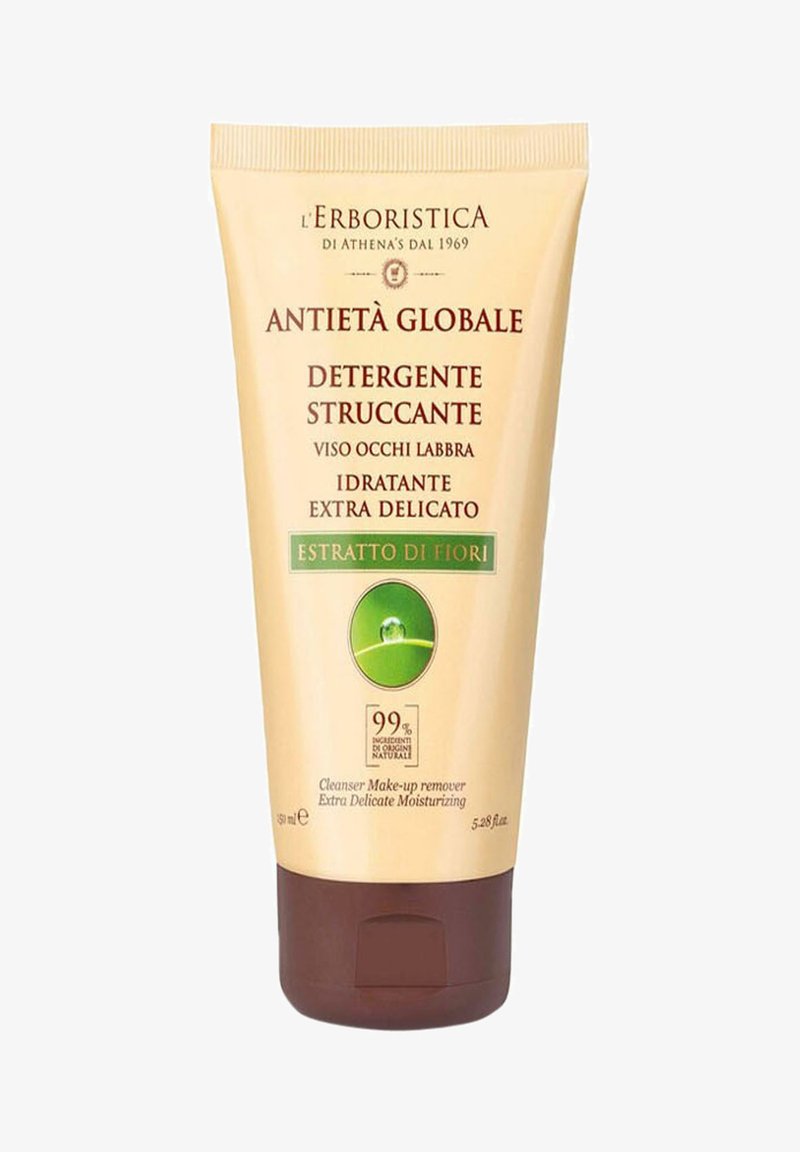Moisturizing cleanser tube with beige and brown colors. Features text in Italian, a green logo, and a flower extract graphic. 200 ml.