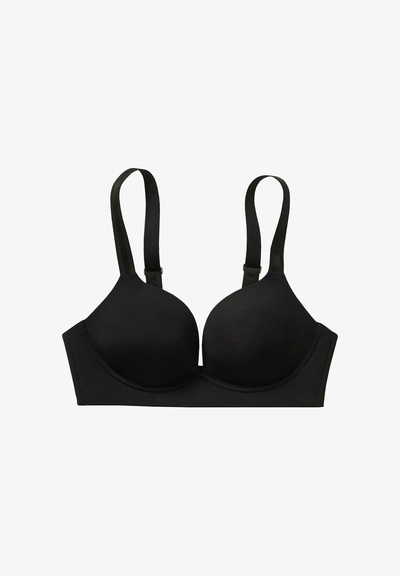 Zwart gewatteerde beha met verstelbare schouderbanden en beugelondersteuning, weergegeven tegen een witte achtergrond.