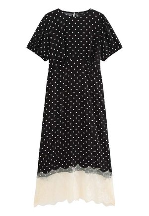 Czarna midi sukienka w białe grochy, krótkie bufiaste rękawy, dopasowana talia oraz biały koronkowy brzeg przy asymetrycznym dole.