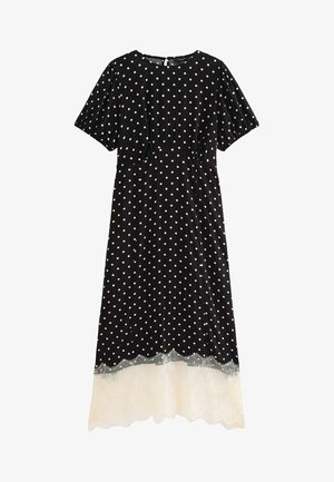 Abito midi nero con pois bianchi, maniche corte a sbuffo, vita aderente e bordo in pizzo bianco all'orlo asimmetrico.