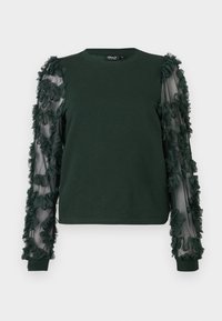 Top lungo manica verde scuro con parte anteriore in tessuto solido e maniche trasparenti decorate con applicazioni floreali testurizzate.