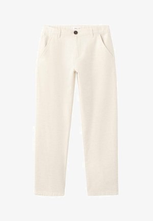 Pantalon couleur crème en tissu doux, doté de deux poches avant, d'une fermeture à boutons et d'une coupe droite avec ourlets retroussés.