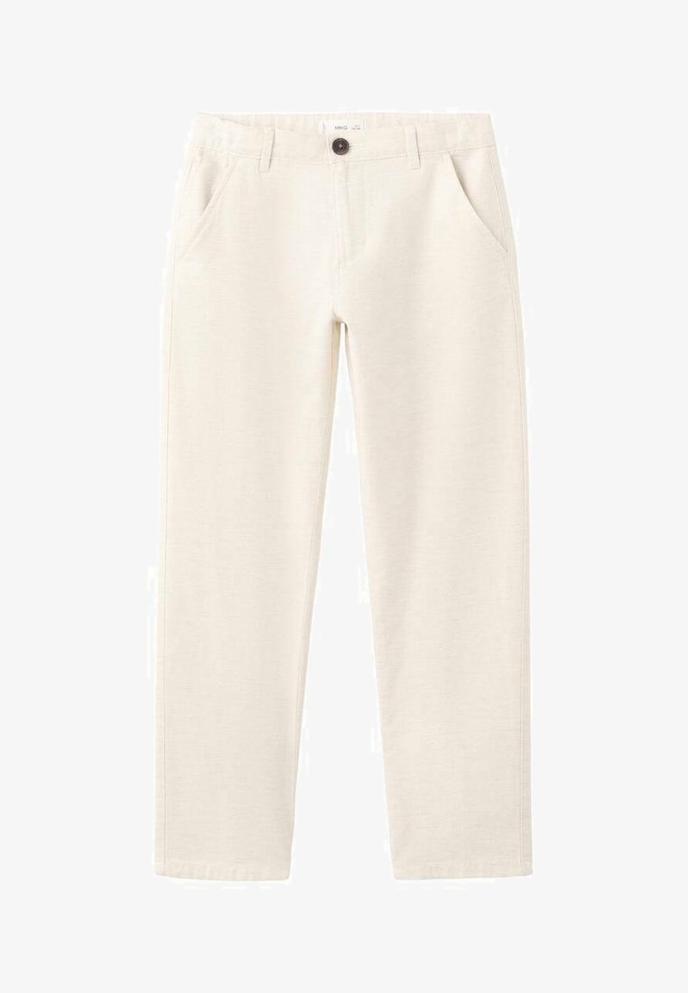 Hlače krem barve iz mehke tkanine, z dvema sprednjima žepoma, zapiranjem na gumbe in ravnimi hlačnicami z zavihanimi robovi.