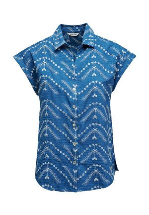 Blusa azul de manga corta con botones, con bordados geométricos y florales en blanco y cuello puntiagudo, etiquetada Salsa Jeans.