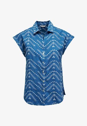 Blusa azul de manga corta con botones, con bordados geométricos y florales en blanco y cuello puntiagudo, etiquetada Salsa Jeans.