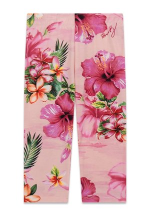 Leggings rosa con stampa floreale tropicale vivace che presenta grandi fiori di ibisco e plumeria con foglie verdi.